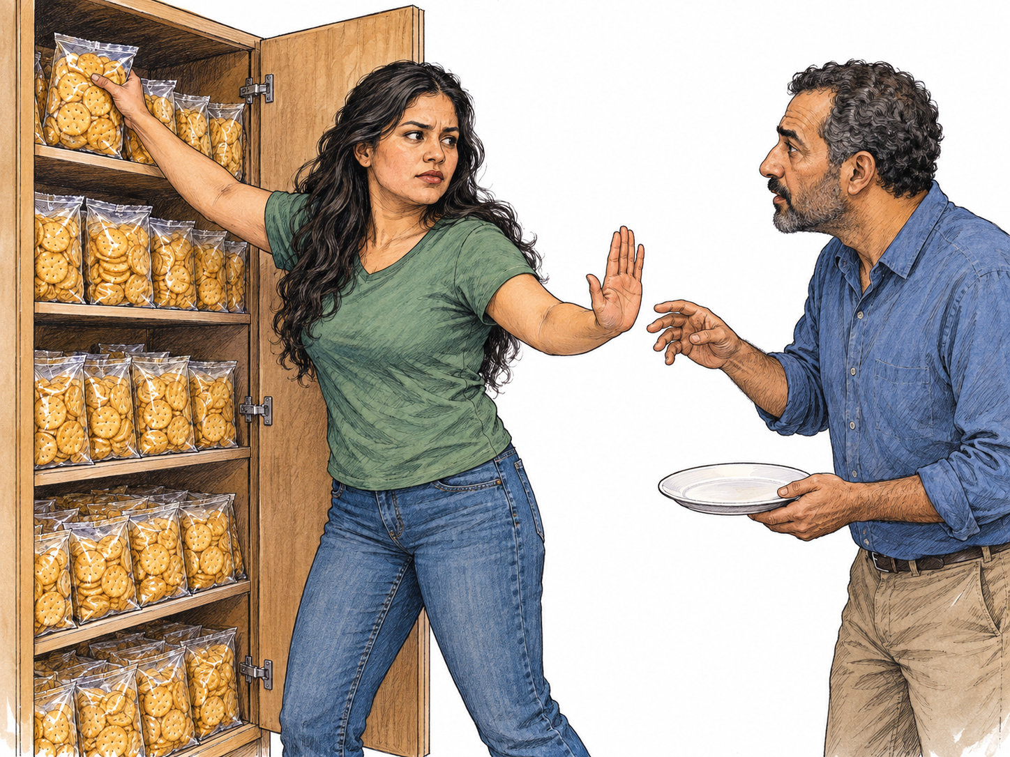 A woman adds another packet of crackers to an excessive private stockpile while using her free hand to refuse a man's request for one.