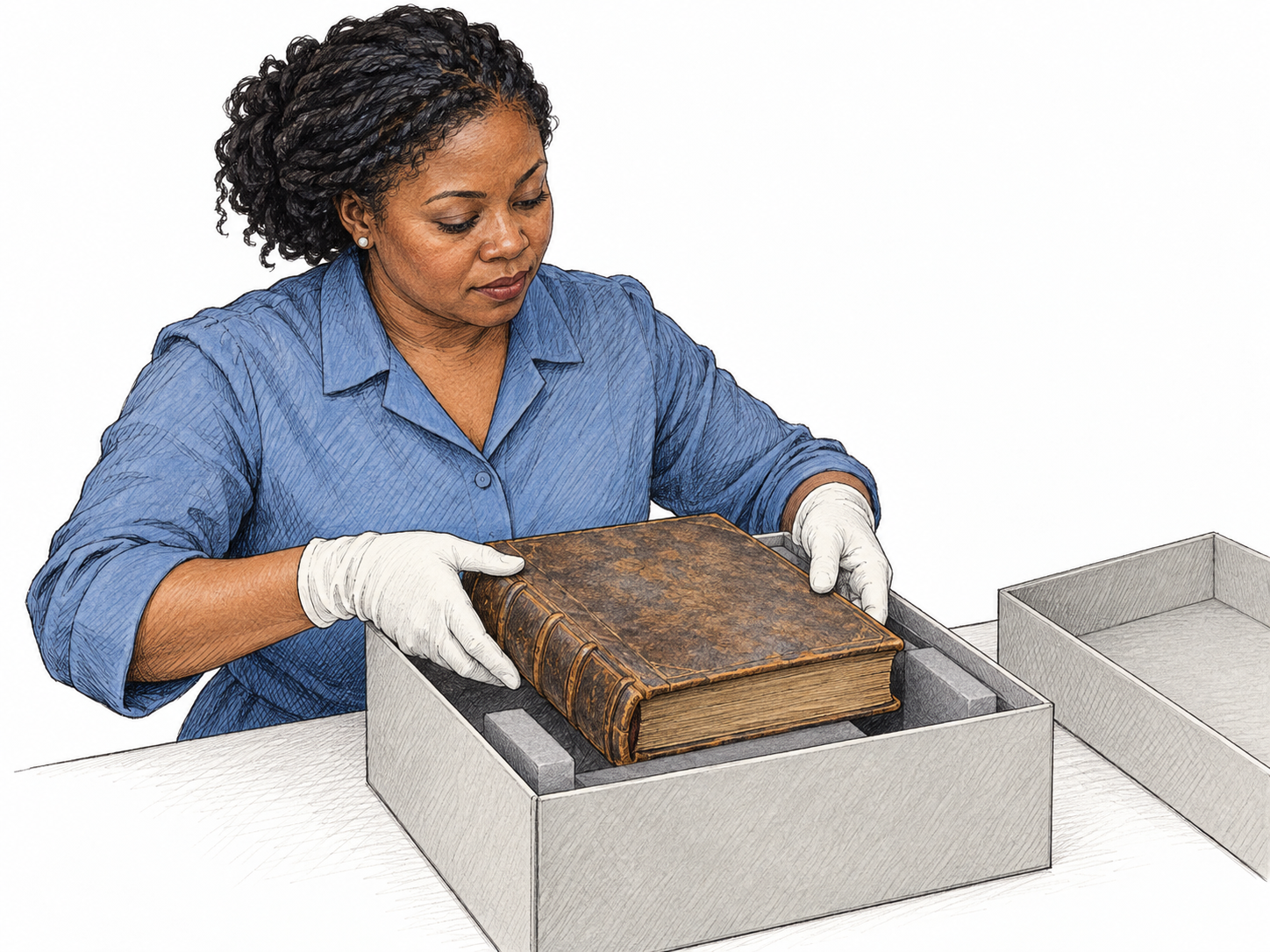 A conservator wearing plain protective gloves carefully places a fragile old bound book into a fitted archival box to protect it from damage; no visible writing on pages, spines or box.