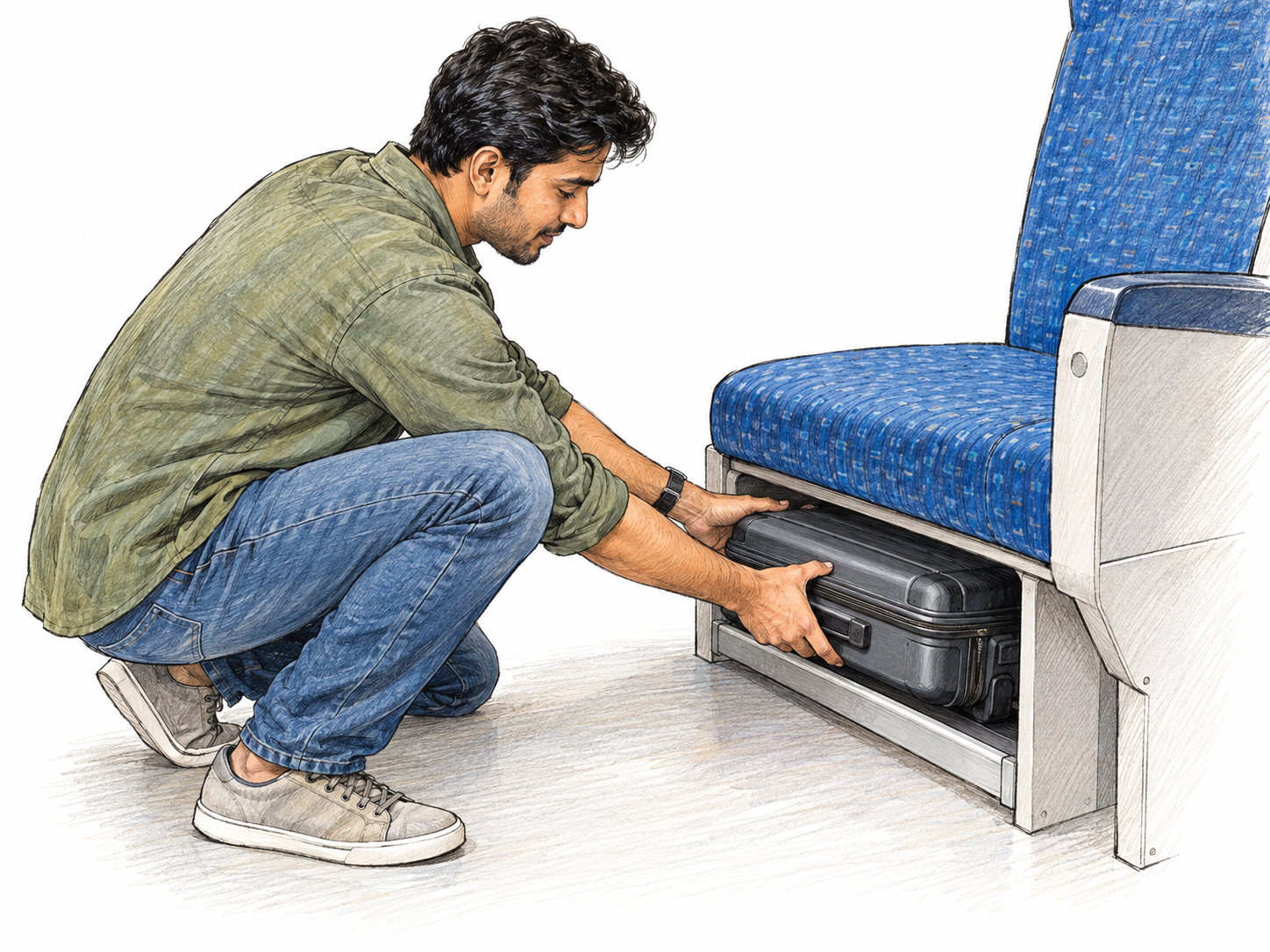 A traveler slides a compact suitcase into a fitted storage compartment beneath a train seat, where a retaining lip keeps it securely out of the aisle.