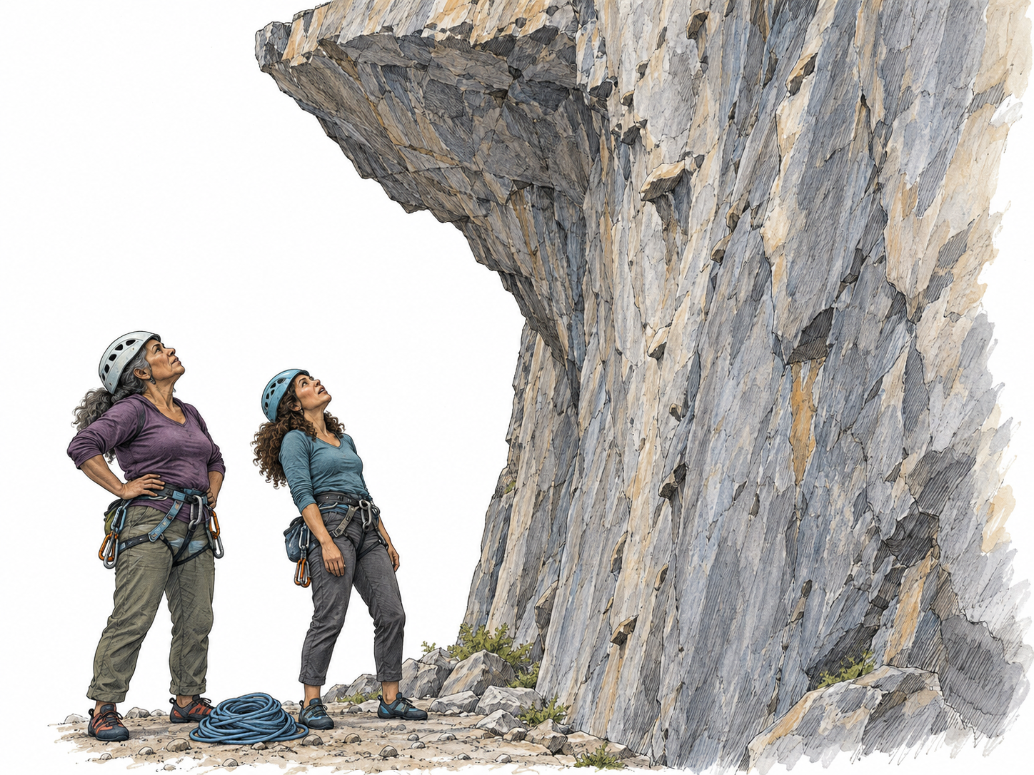 Two equipped climbers pause beneath a towering, nearly vertical rock face with a severe overhang.