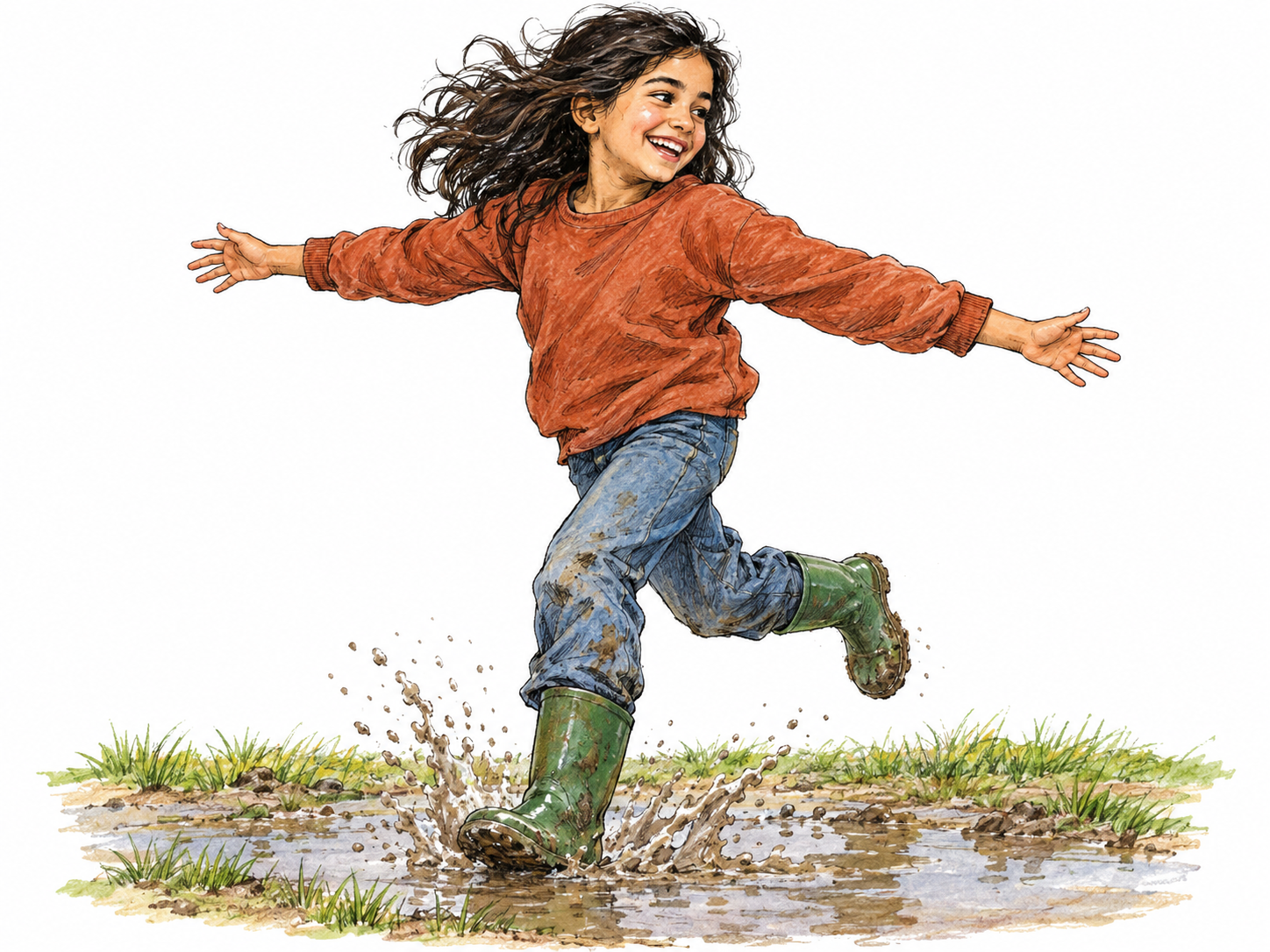 A exuberant girl charges through a shallow muddy puddle during outdoor play, laughing broadly with arms flung wide, sturdy boots splashing and loose hair flying.