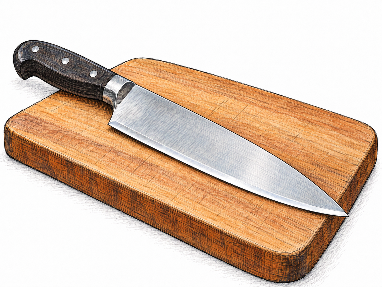 A close view of a kitchen knife resting with its sharp cutting edge facing the viewer, clearly distinguishing the thin honed edge from the broad blade face and blunt spine.