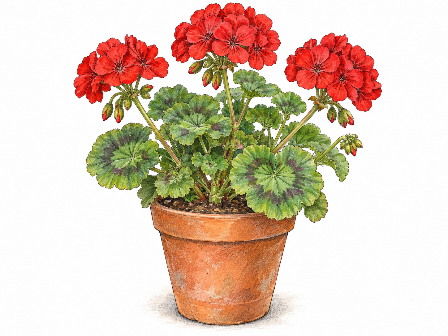 A single terracotta pot containing a flourishing garden geranium, with rounded scalloped leaves and conspicuous clusters of red flowers.