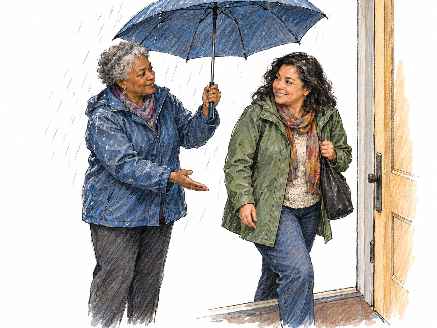 An older woman courteously holds an umbrella over another woman, shielding her from rain while letting her pass first through an open doorway.