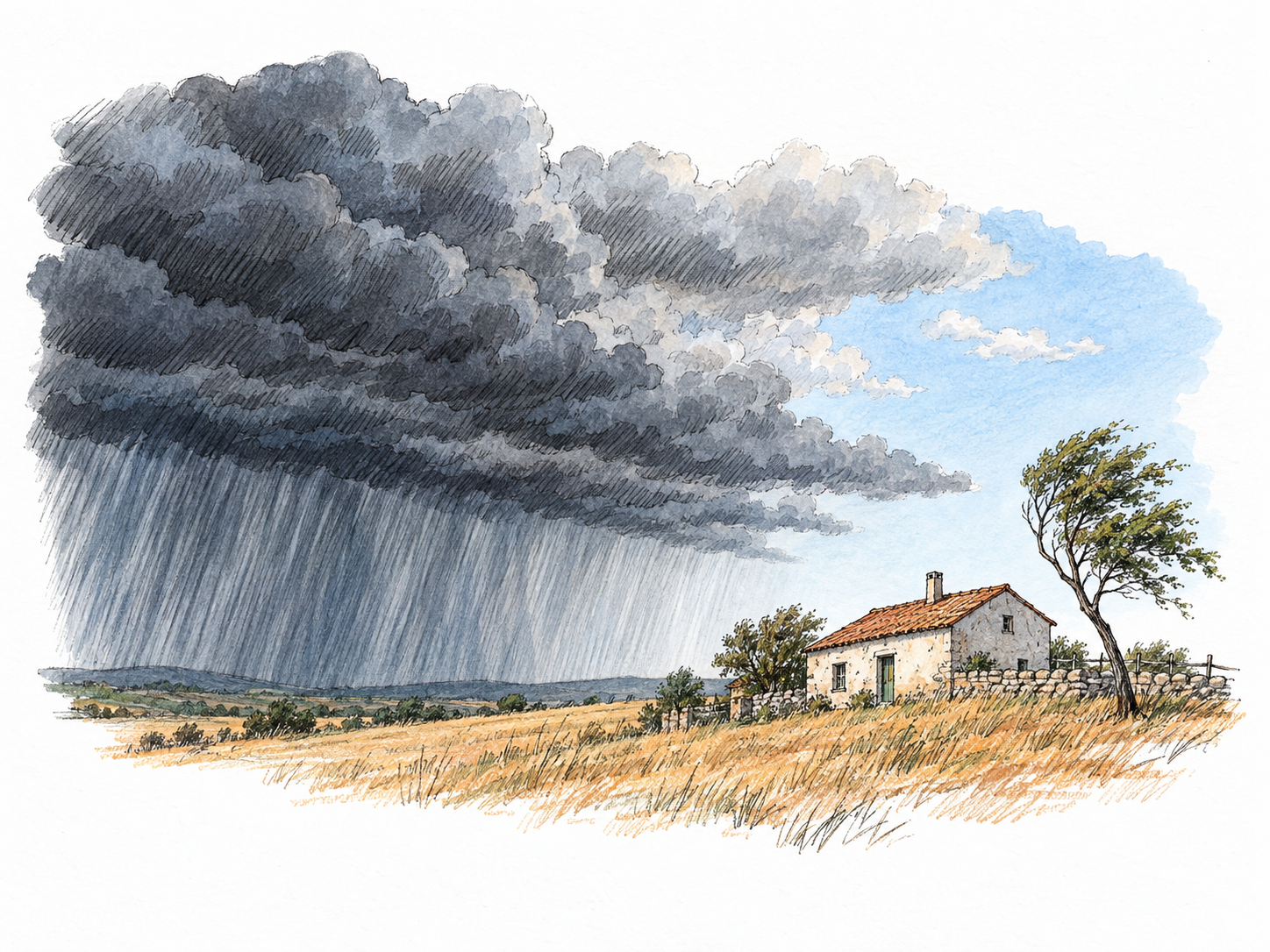 An ominous storm front approaches a still-dry farmhouse: dark towering clouds and a distant curtain of rain signal bad weather about to arrive.