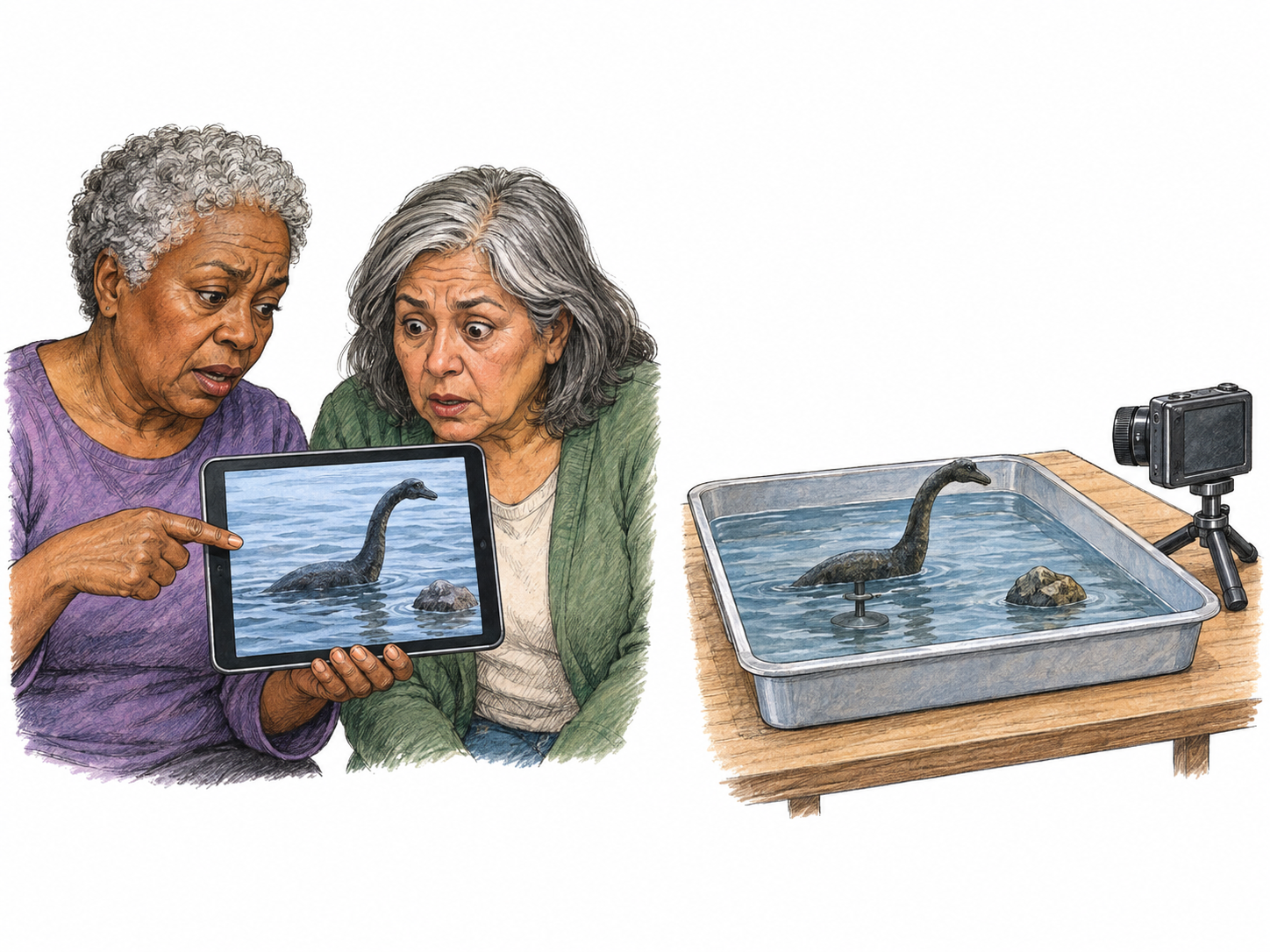A circulating lake-monster story is exposed as false by pairing its alarming image, shared between two viewers, with the tabletop model used to fabricate that same image.