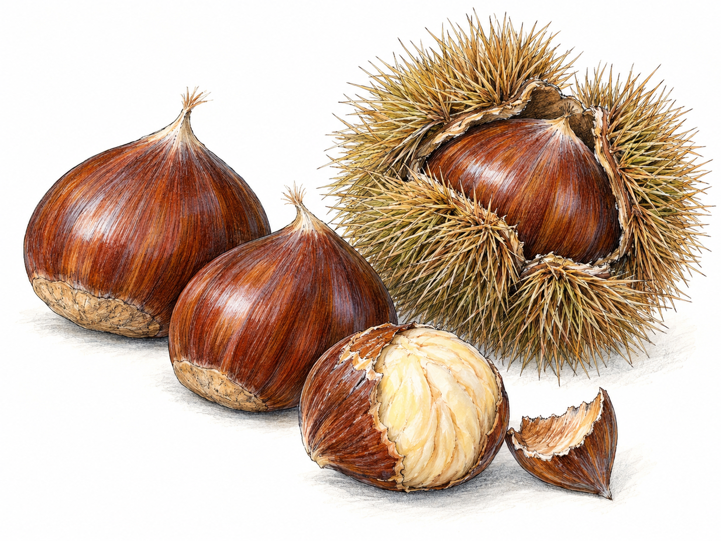Brown nuts appear with an opened spiny burr and a peeled kernel.