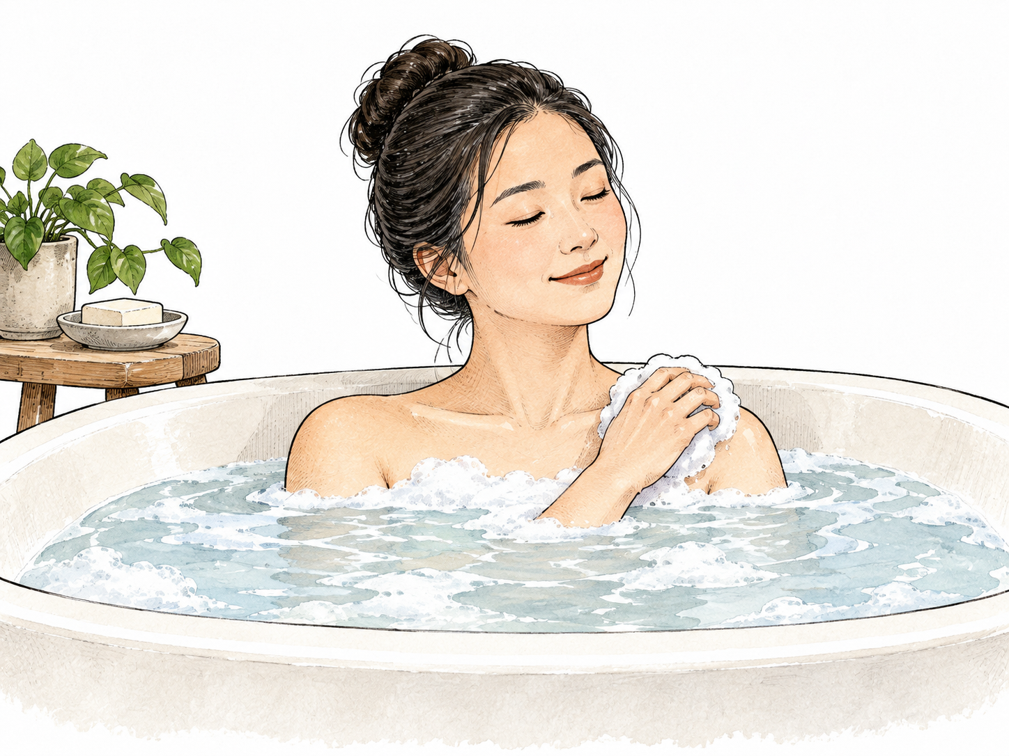 An adult relaxes washing shoulders in a plain bathtub, shoulders and head only above abundant water and modest covering, soap dish no label, no nudity.