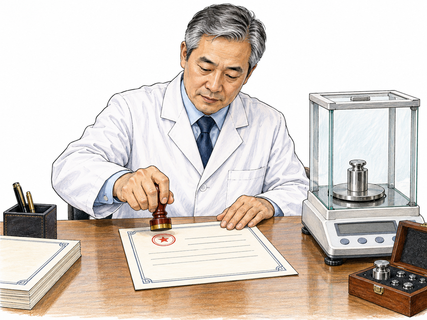 Inspector stamps small official seal onto certificate beside correctly calibrated scale, clear act of attestation; paper has ruled fields without words, restrained desk.