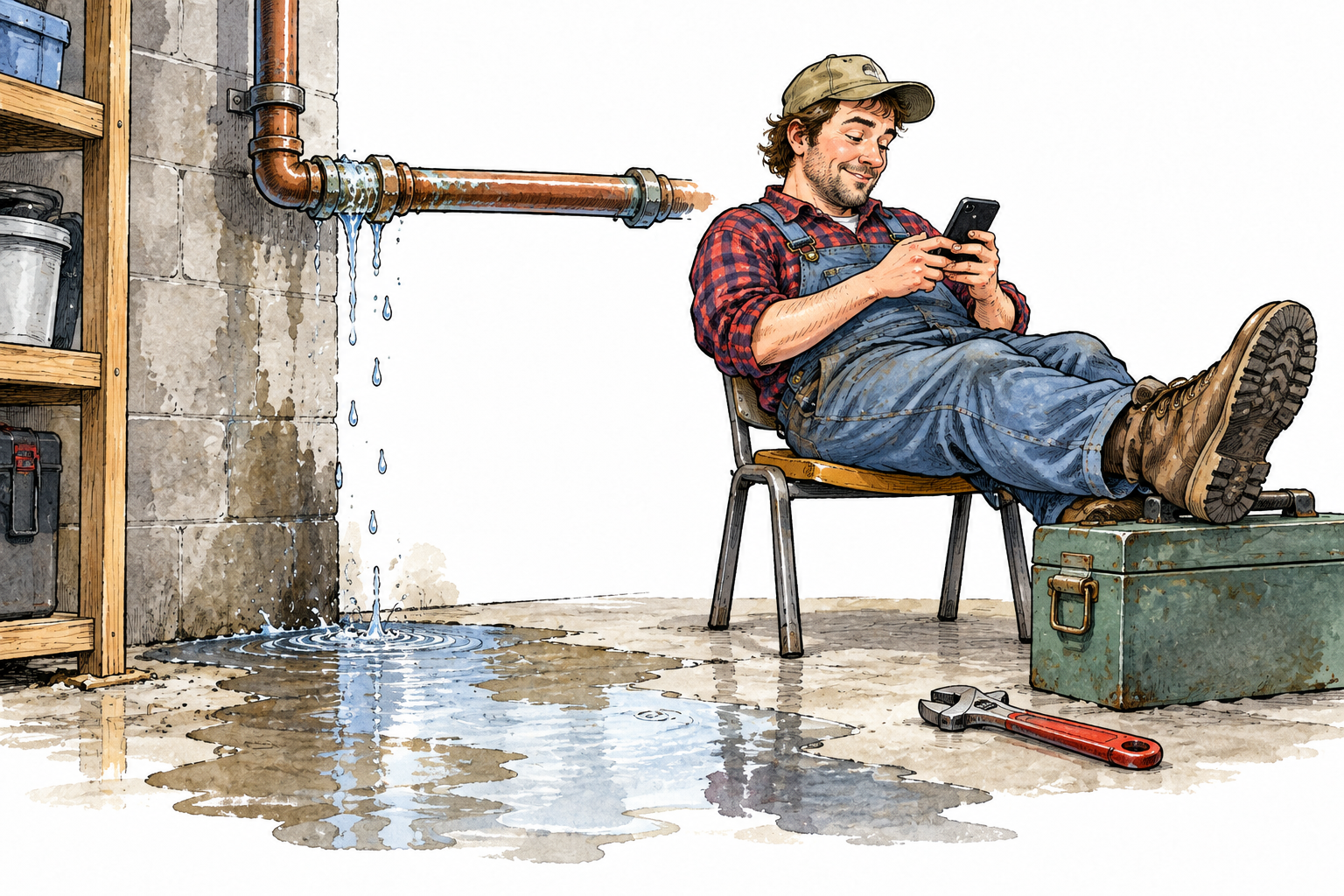 A careless caretaker overlooks leaking pipe and growing puddle while absorbed in phone, preventable damage visible, no text.