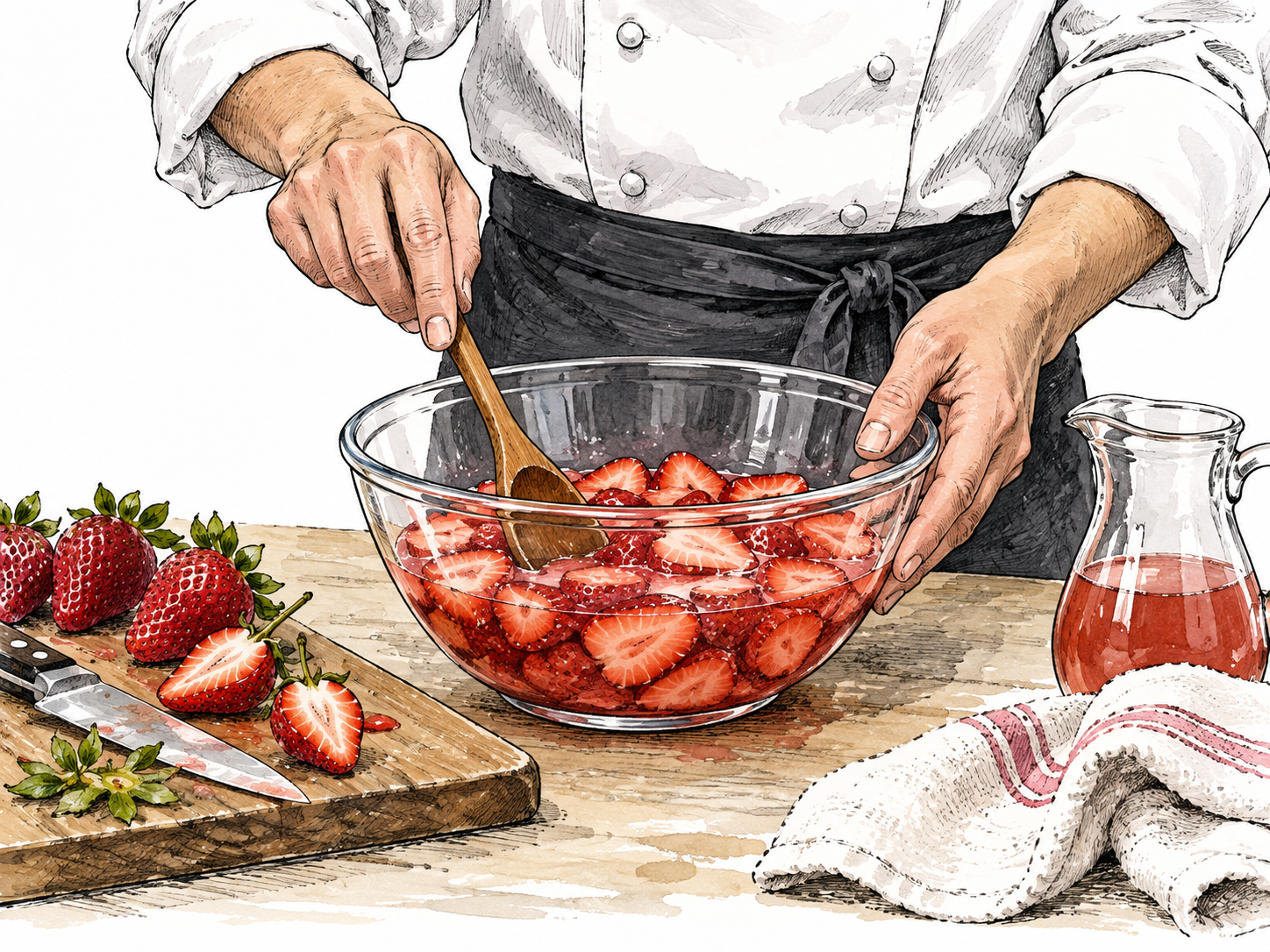 Chef soaks sliced strawberries in juice in glass bowl.
