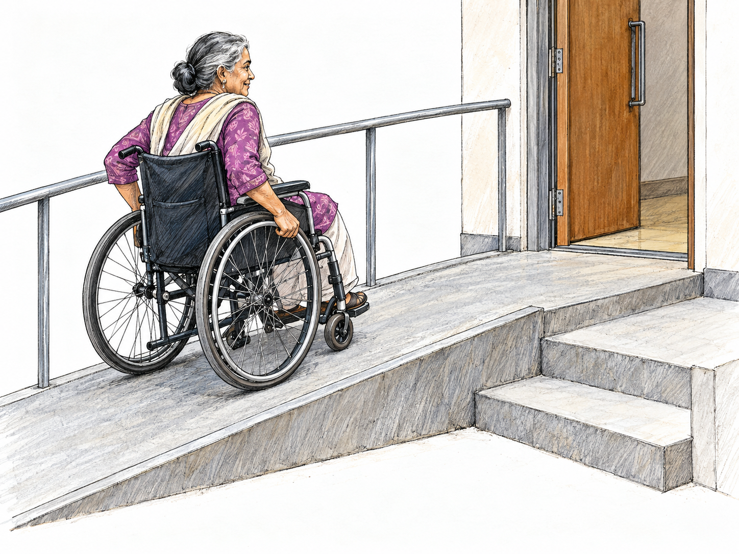 A ramp provides a visible benefit: an older wheelchair user can reach a doorway despite the steps beside it.