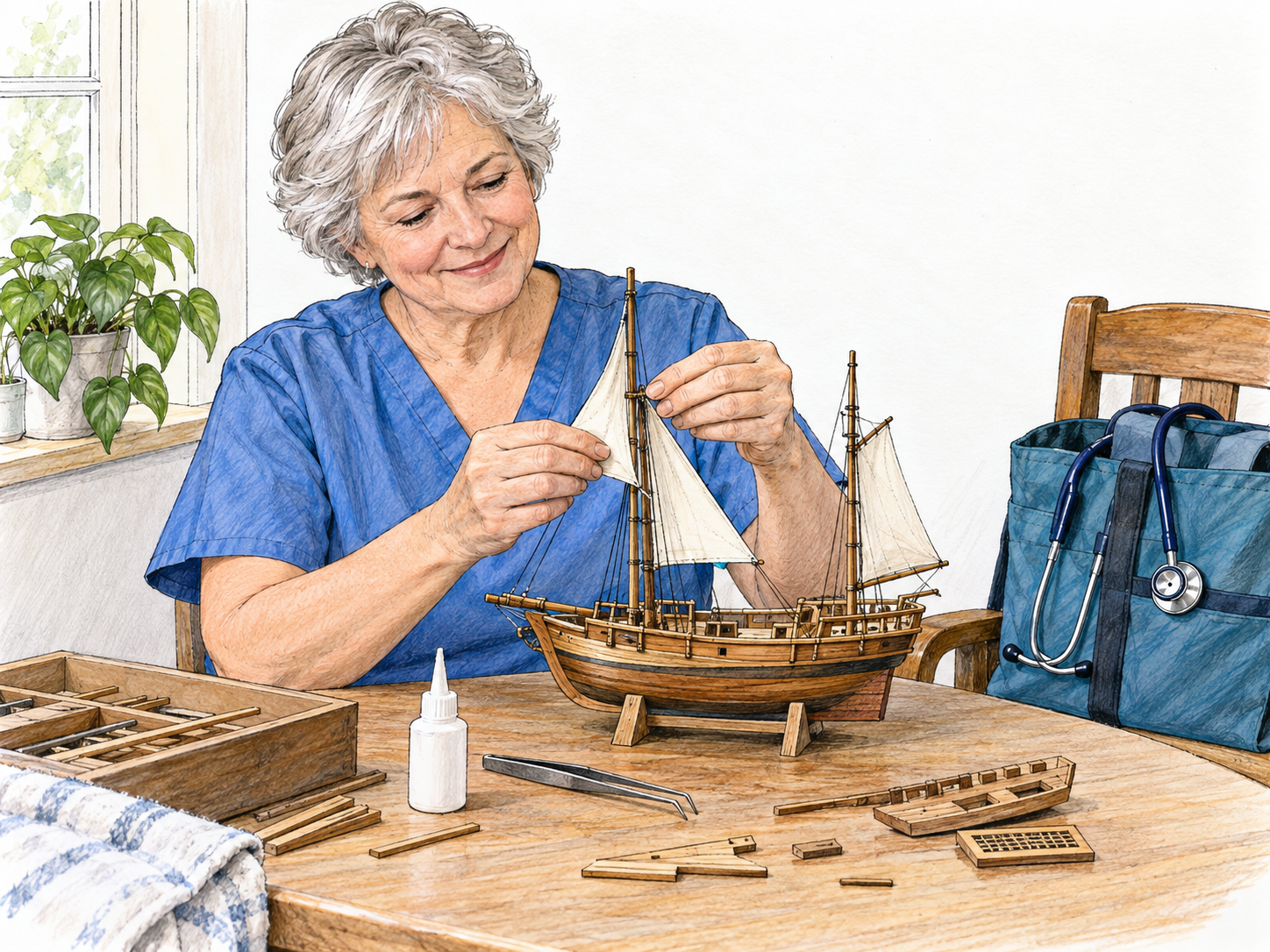 An older nurse relaxes at home by building a miniature sailing ship, with her work equipment set aside and her absorbed smile emphasizing the pleasure of the hobby.