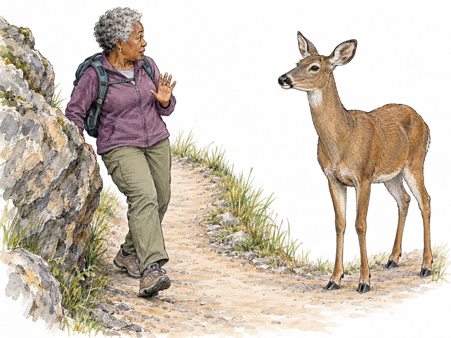 A walker rounds a rocky bend on a narrow trail and unexpectedly comes face-to-face with a deer.