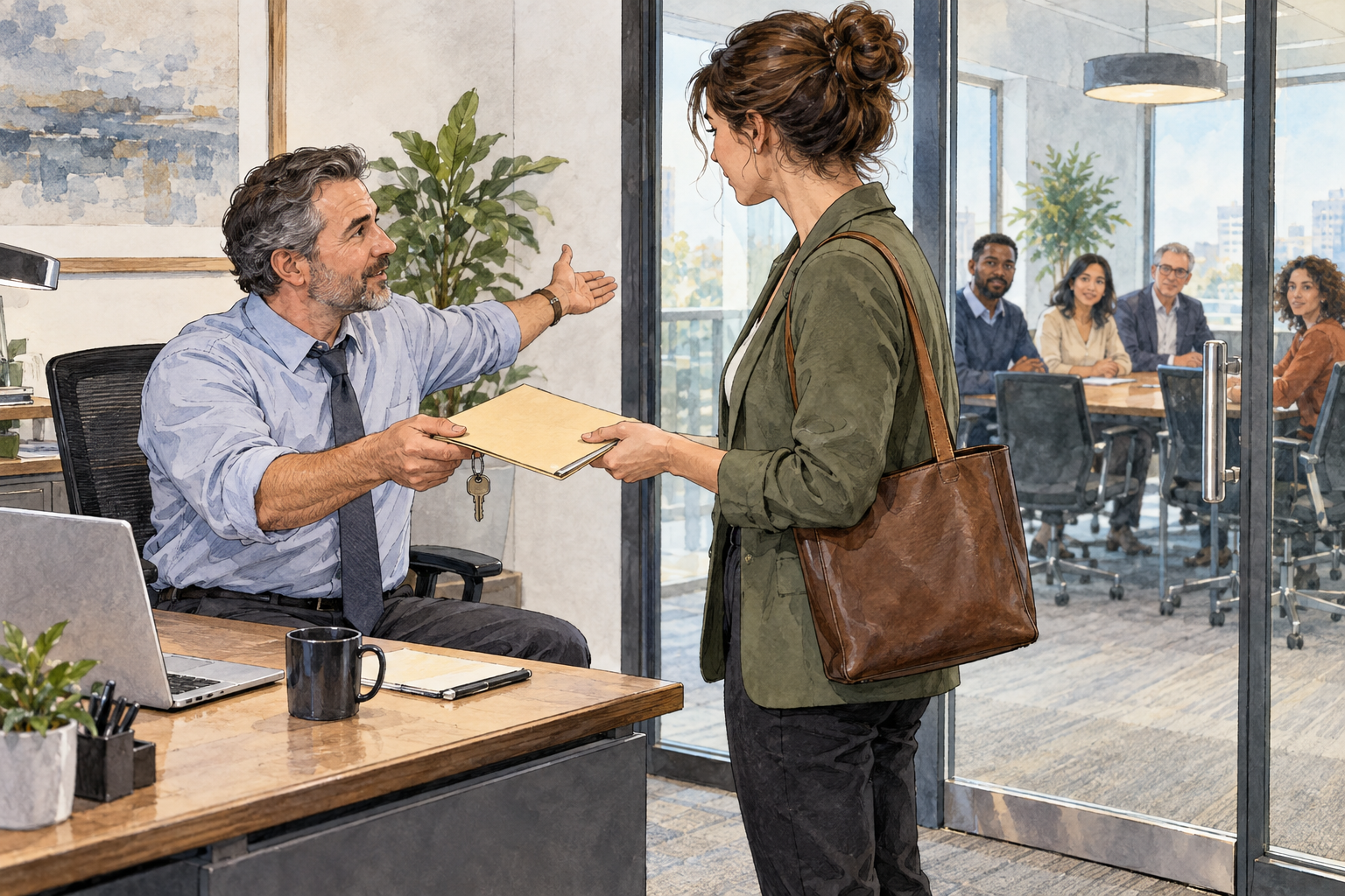 A modern workplace supervisor unable to leave a desk hands a plain folder and meeting-room key to a trusted colleague, gestures toward a waiting group through a glass meeting-room door, appointing that colleague to represent them.
