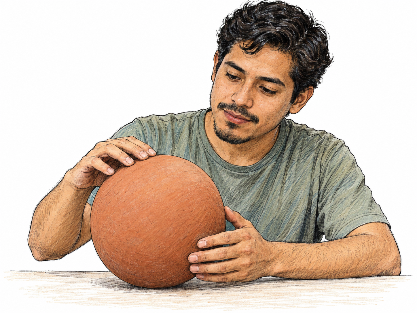 A young man presses his fingertips against a solid clay sphere on a table, emphasizing direct contact with a concrete, touchable object.