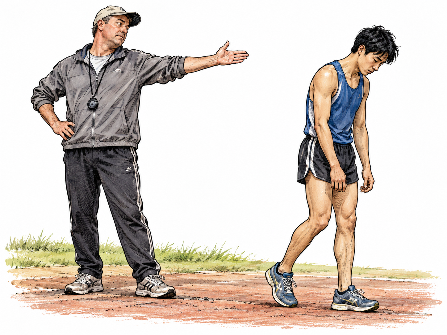A dismissive white adult coach gestures toward a young adult East Asian runner whose shoulders slump and confidence visibly fades.