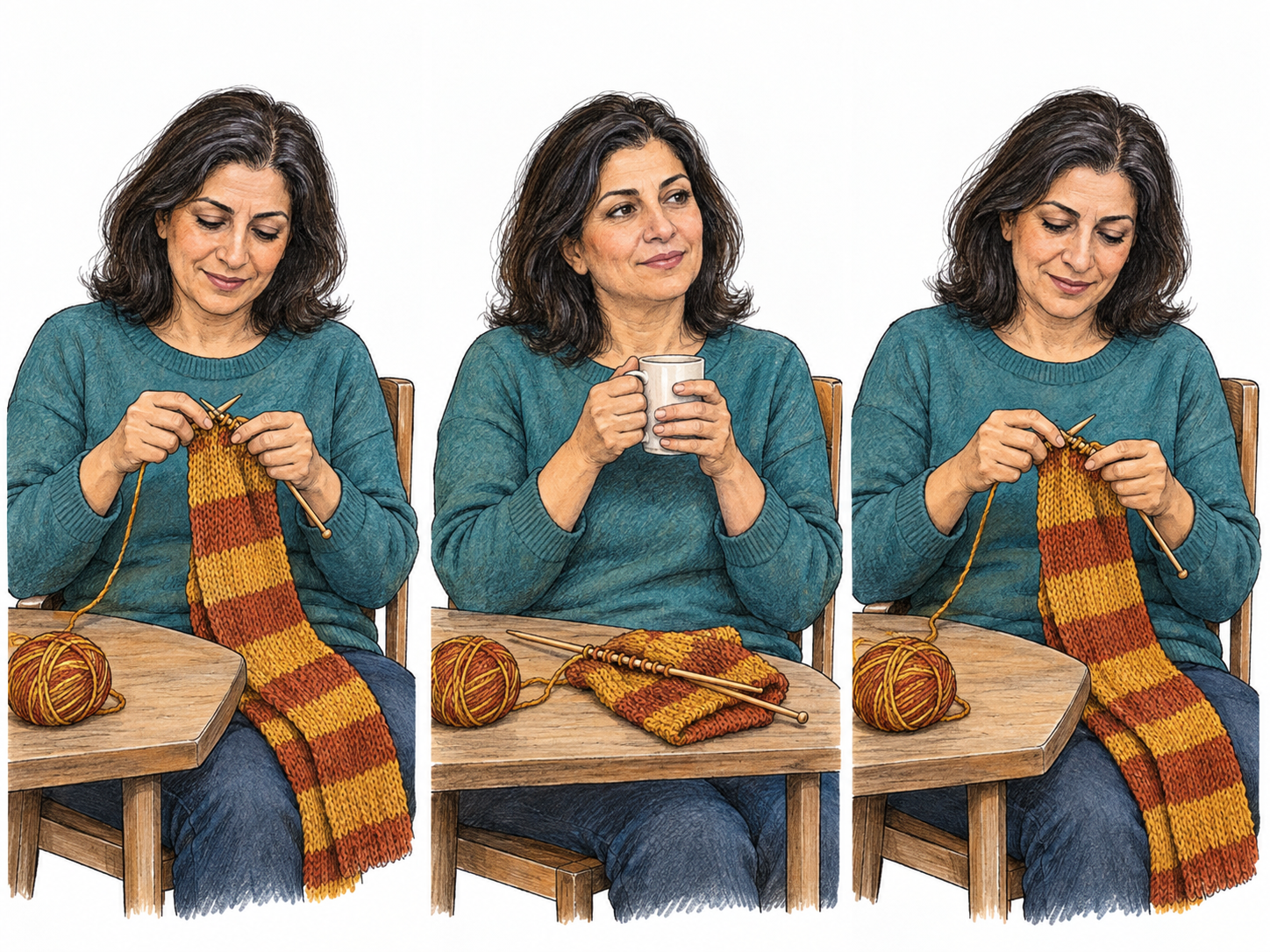 A text-free three-panel sequence shows a woman knitting, pausing with her unfinished knitting set down, then picking up the same needles and knitting again.