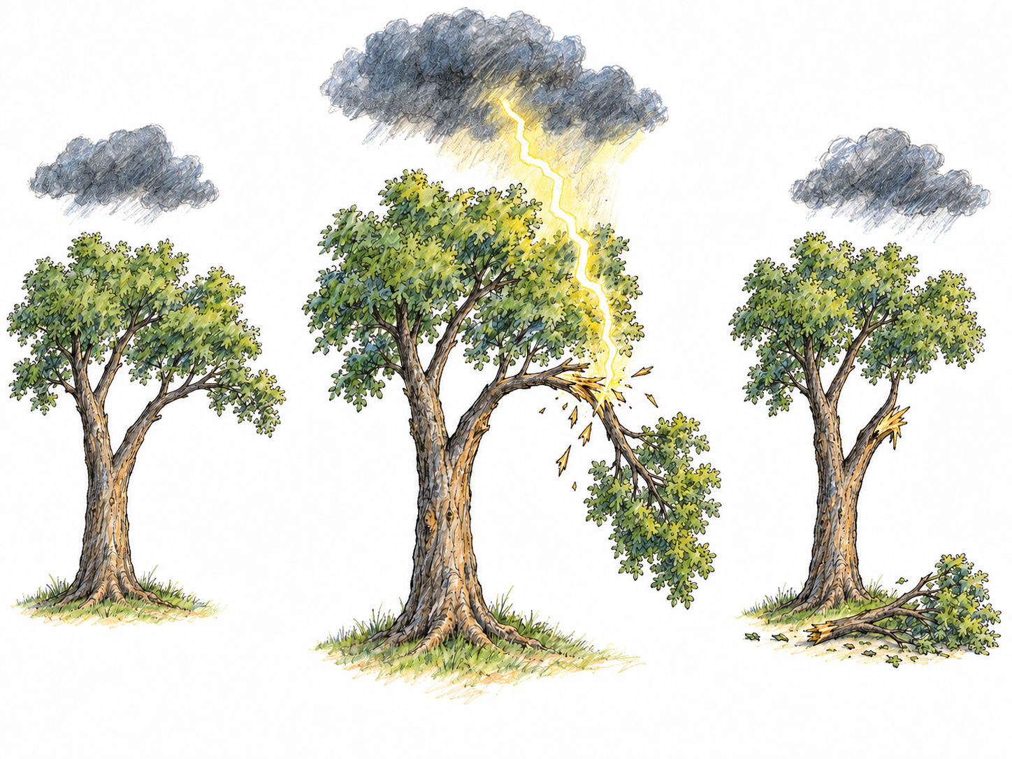 Show an event occurring through a compact three-stage sequence: an intact tree beneath a storm cloud, a lightning strike breaking one branch, and the same tree immediately afterward with the branch on the ground.
