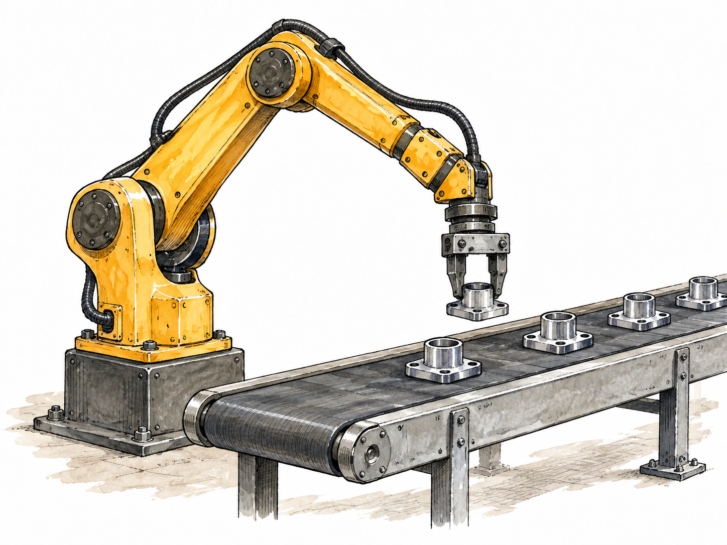 Industrial robotic arm automatically places identical parts on an assembly line.