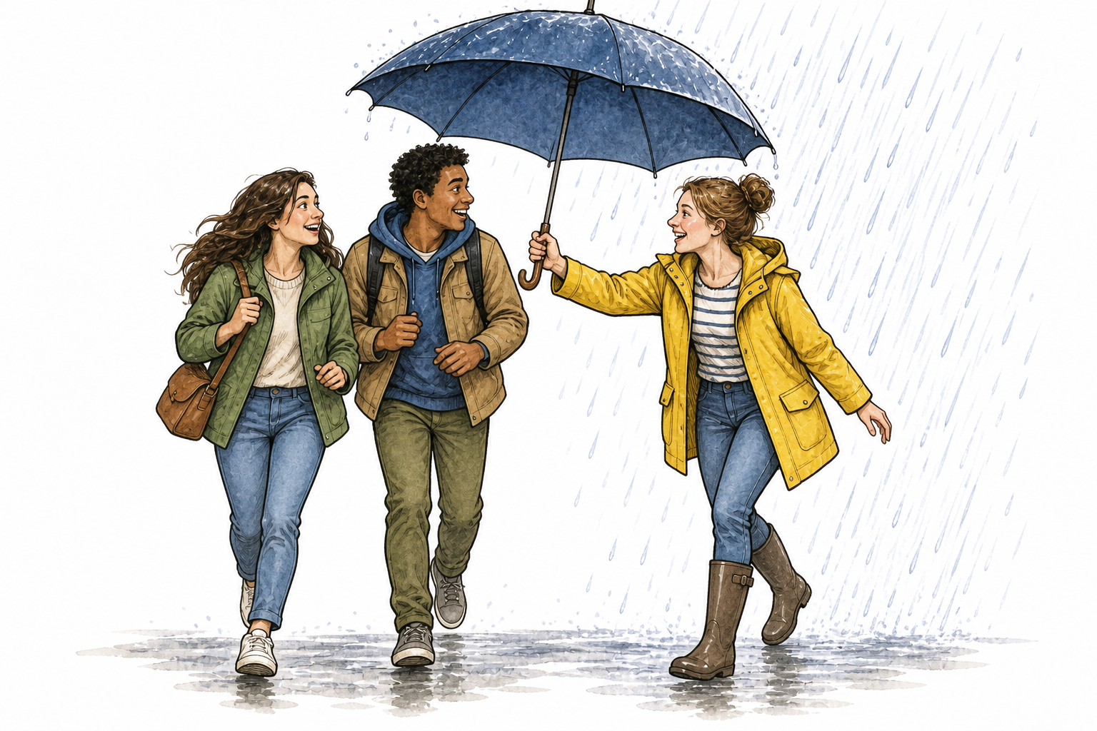 Rain begins just as a friend arrives carrying a large umbrella to shelter two pedestrians, perfect timing.