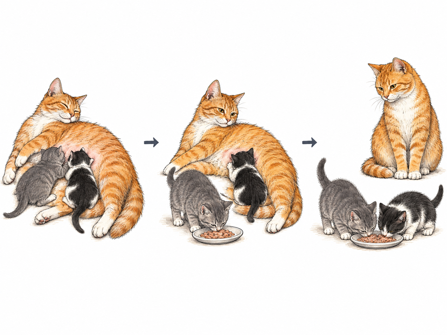 A three-stage sequence shows the same litter of kittens gradually changing from nursing at their mother to eating soft food independently.