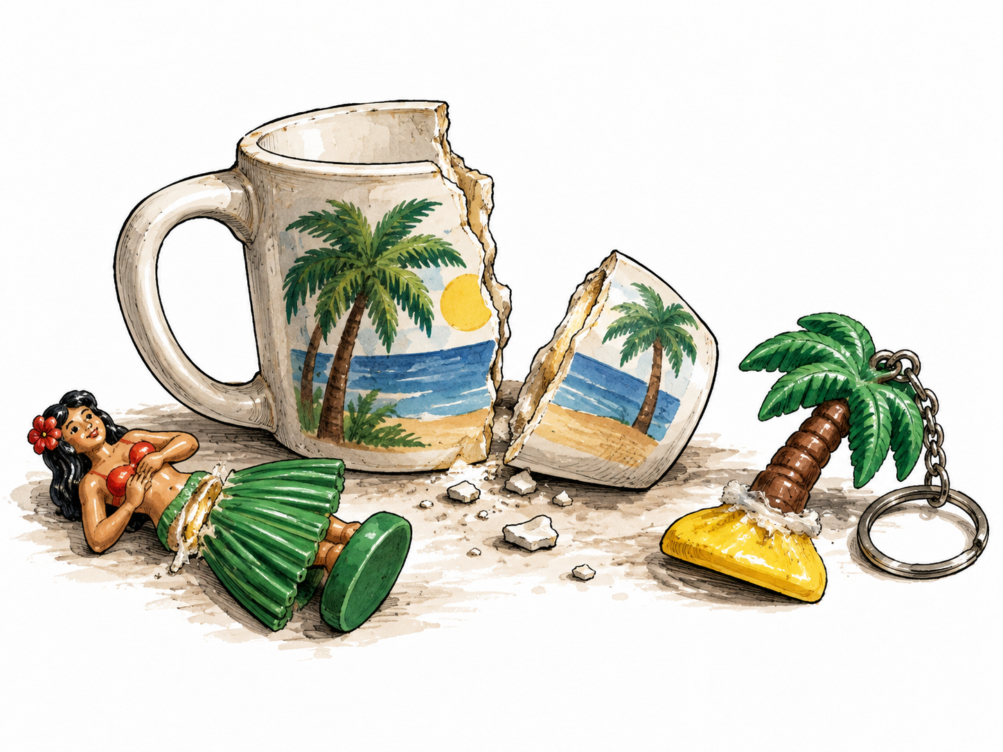 A flimsy cheap souvenir breaks at a rough seam beside poorly glued plastic trinkets.