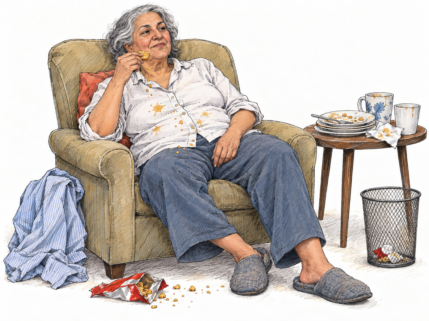 An untidy woman lounges in an armchair, dropping snack crumbs onto her stained shirt and the floor despite a wastebasket within reach.