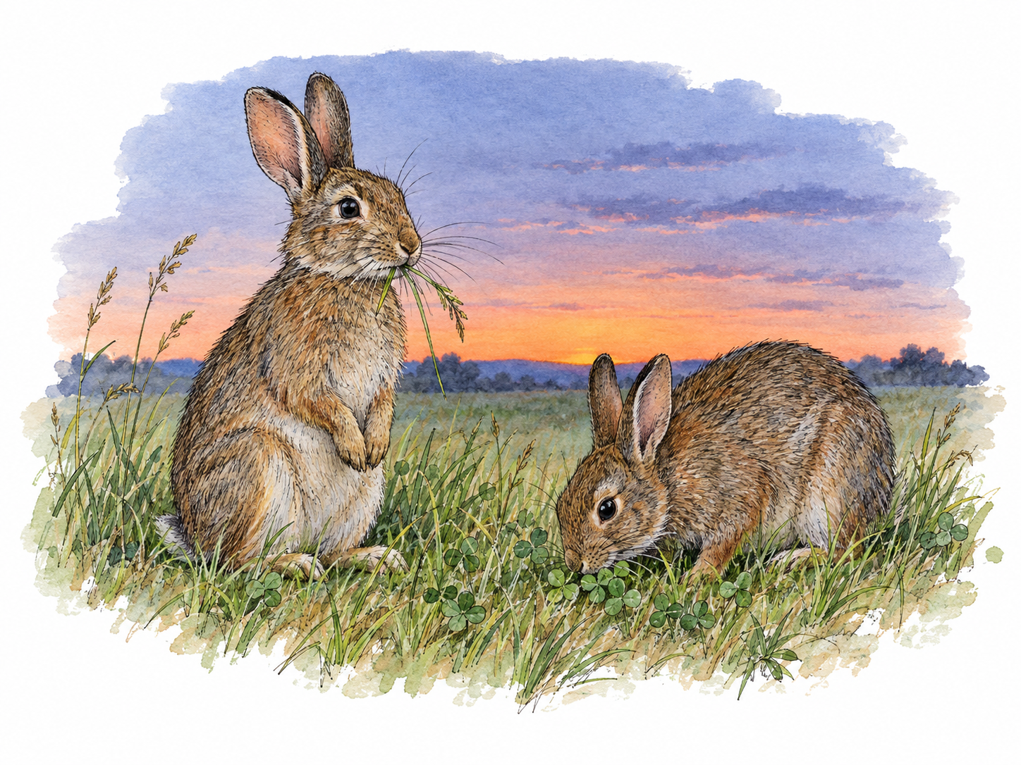 Two rabbits actively feeding at the edge of a meadow during dusk, with the sun just below the horizon and a narrow peach glow fading into blue-violet sky.