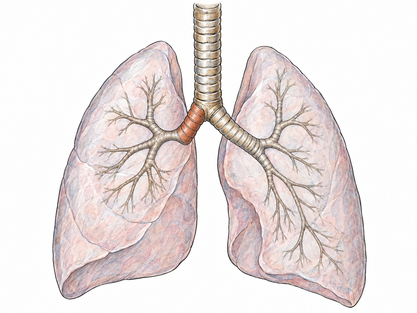An isolated anatomical view of the trachea dividing into the two main bronchi and entering the lungs.