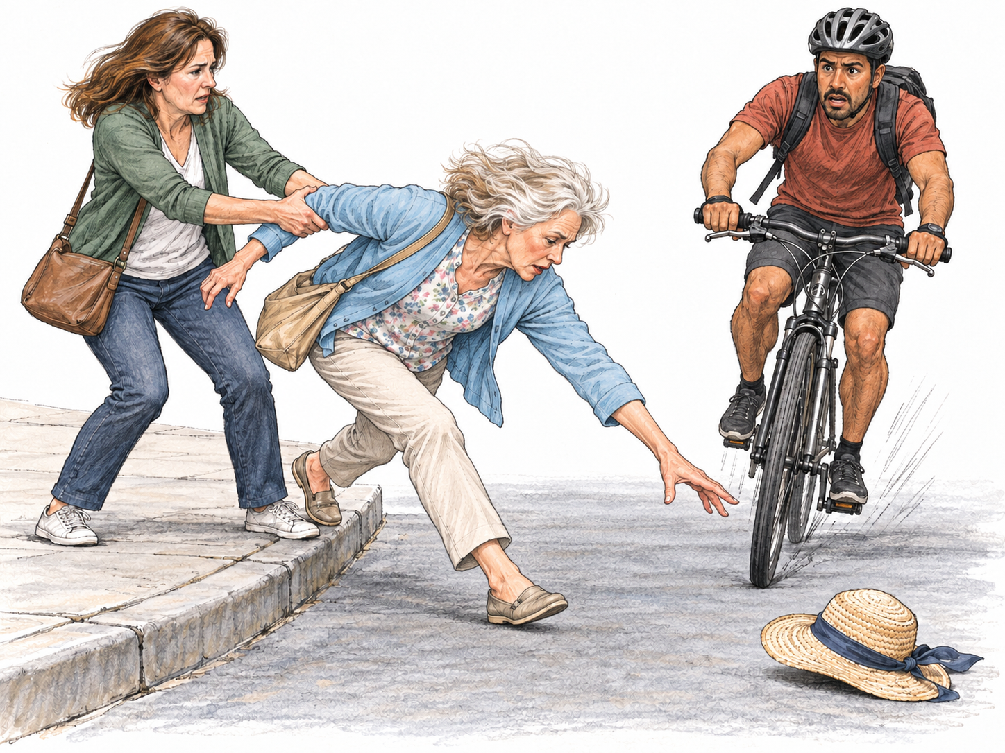 An older woman suddenly lunges off a curb to retrieve her windblown hat, looking only at the hat rather than an approaching cyclist, while her companion urgently catches her arm.