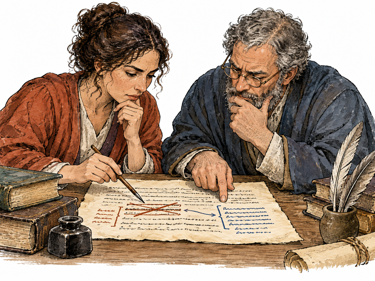 Two scholars closely analyze a passage, exposing a crossed-out assumption and opposing marginal interpretation; text kept indistinct.