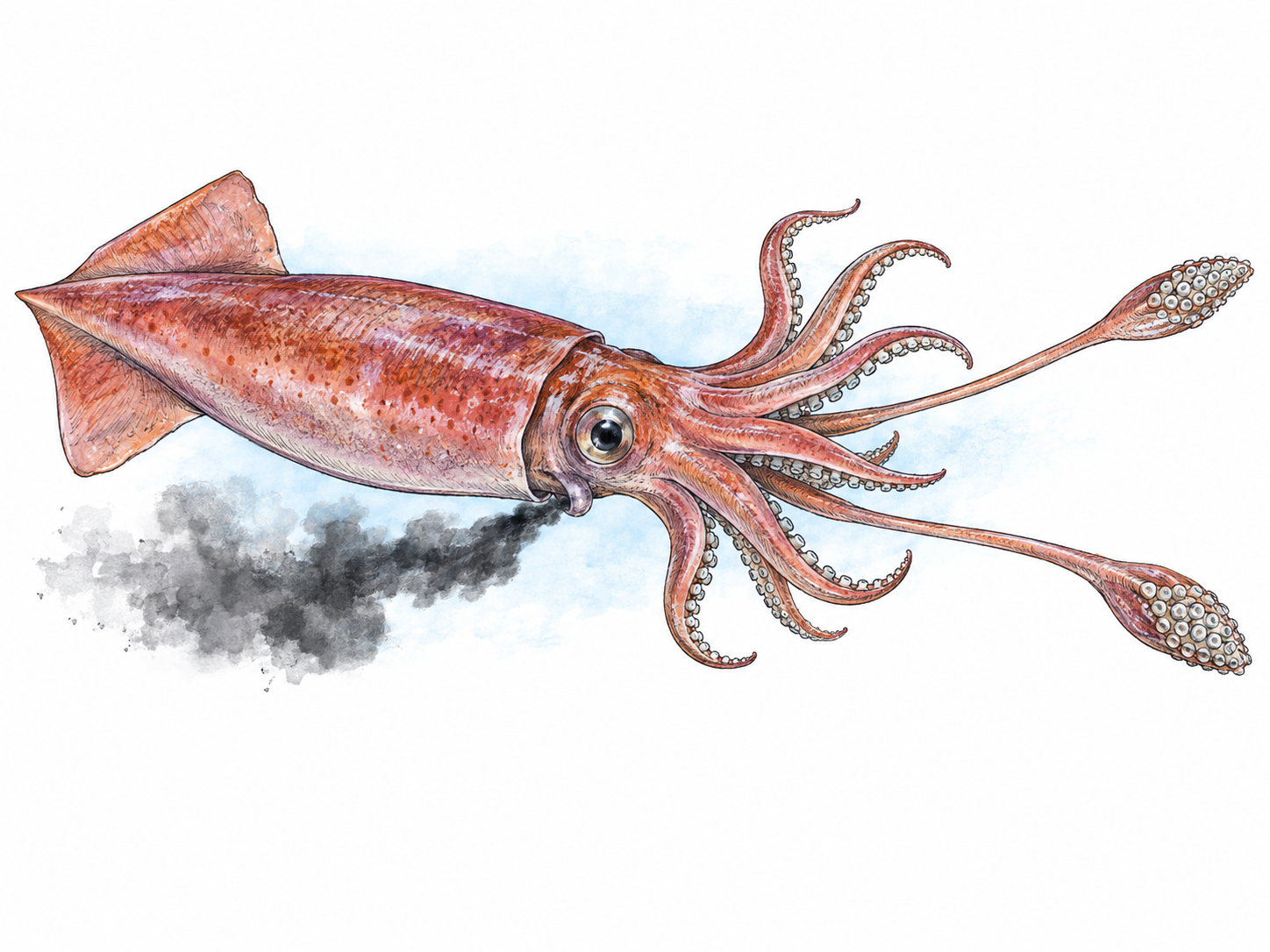 A single squid swimming in side-three-quarter view, with its tapered soft mantle, paired fins, eight arms and two longer feeding tentacles clearly distinguished; a small dark ink plume trails from its funnel.