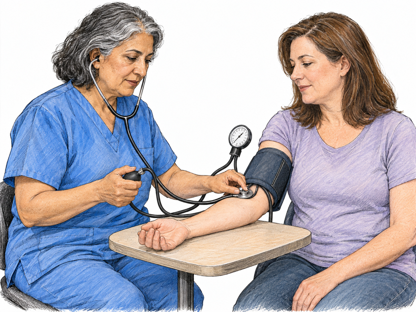 A nurse actively performs a blood-pressure check on a seated patient, making the carrying out of a concrete task visible.