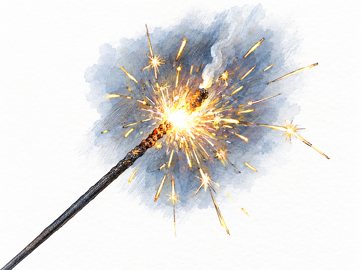 A close view of a burning sparkler, its tip erupting in a brilliant instantaneous spray of white-gold sparks.