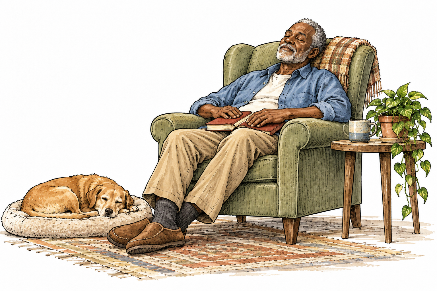 Older Black man lightly naps in armchair with book resting on lap, relaxed posture.