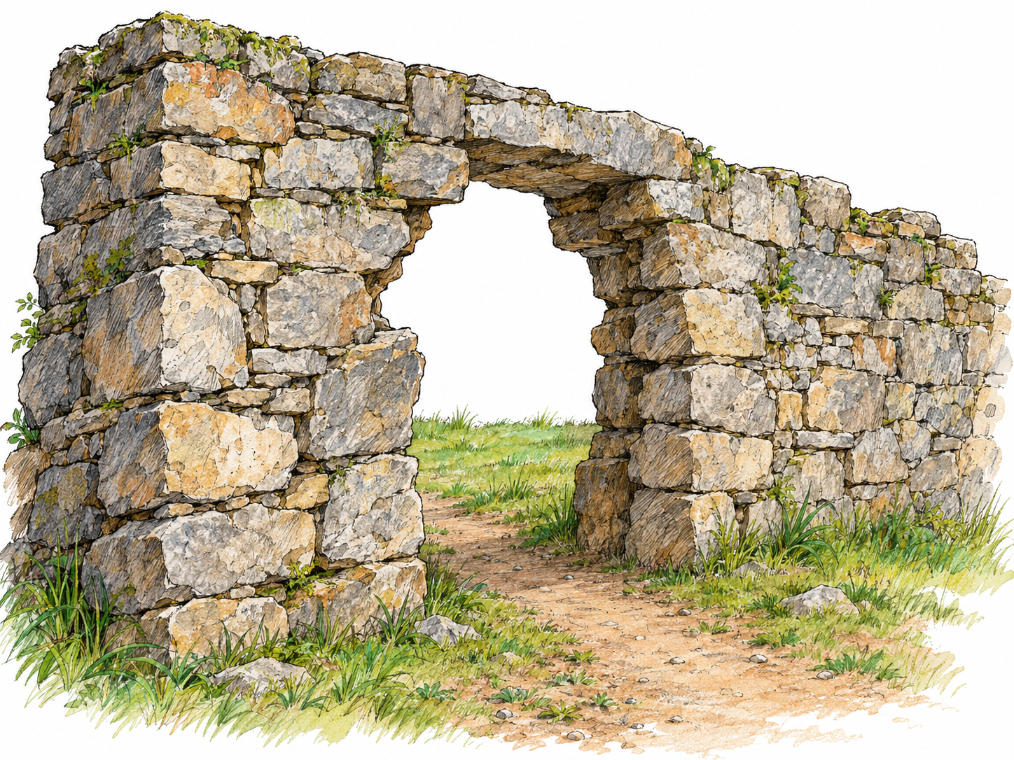 A large irregular opening passes completely through a short stone wall, with its thickness and the ground beyond clearly visible.