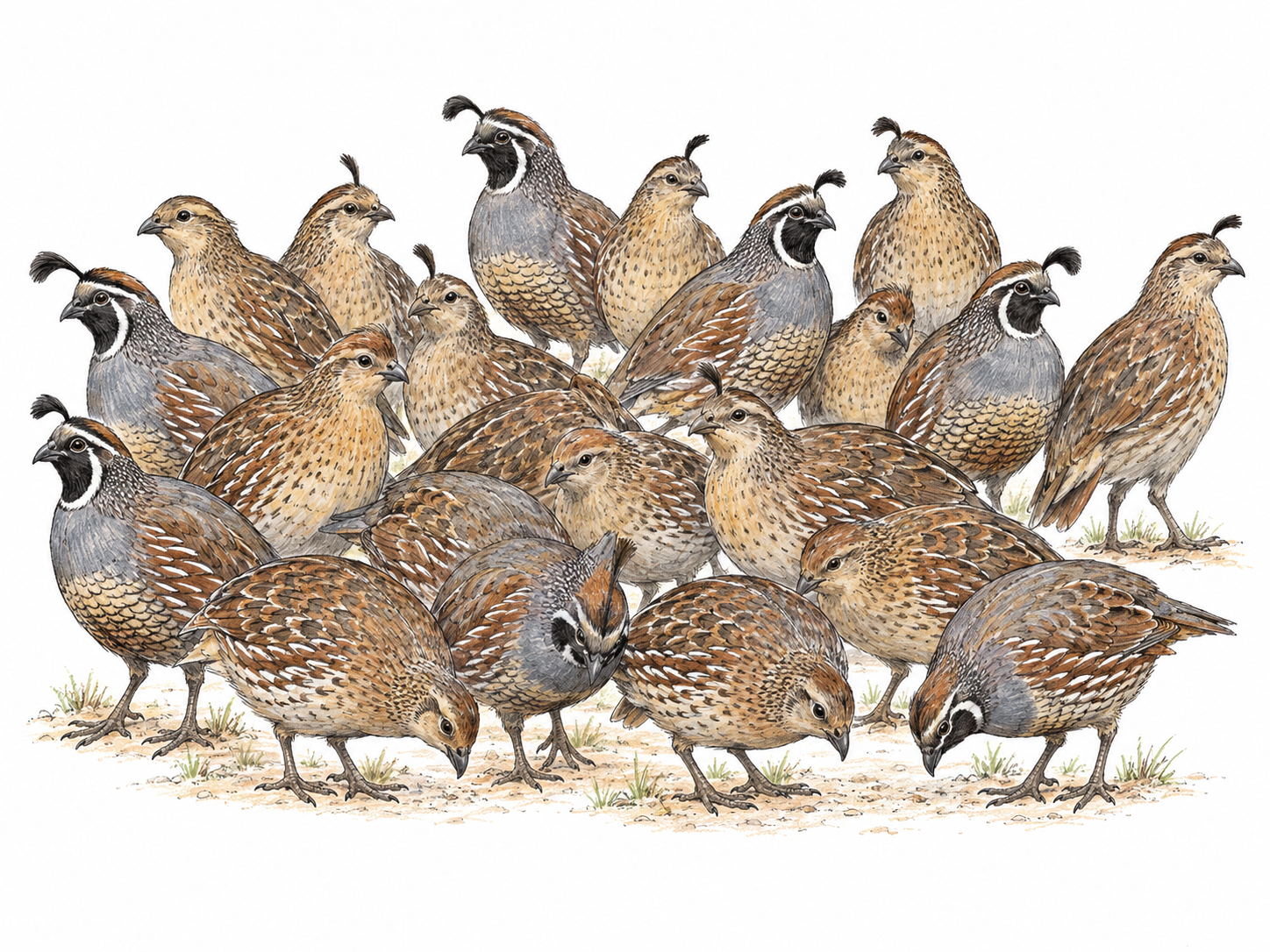 A large, closely gathered bevy of quail, with many distinct birds visibly forming one cohesive group.