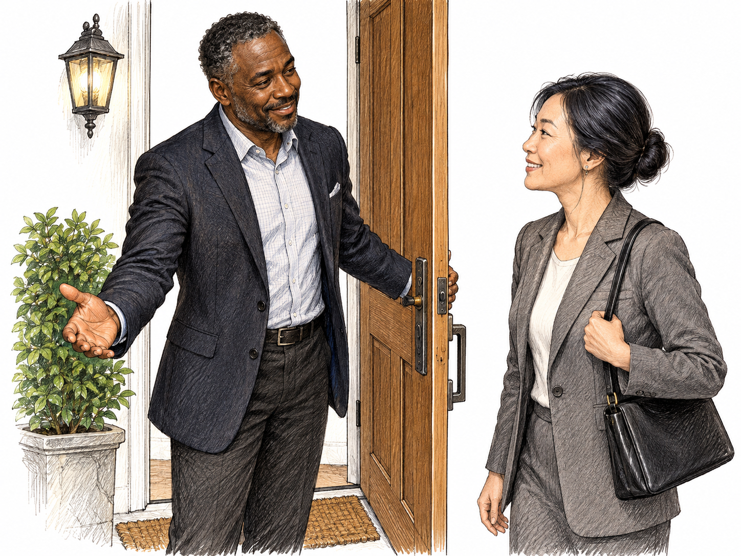 A confident adult greets a guest with effortless polite charm at a doorway; relaxed natural gesture and attentive eye contact, no seduction stereotype.