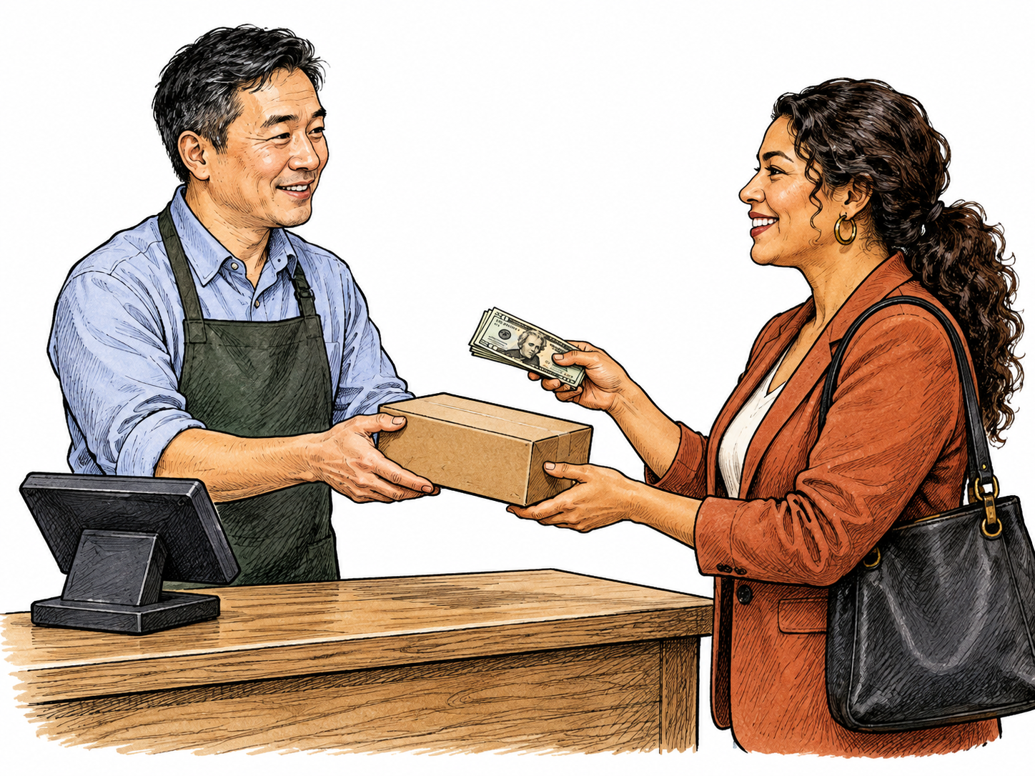 Two modern businesspeople exchange goods and payment at a small counter, completing a deal.