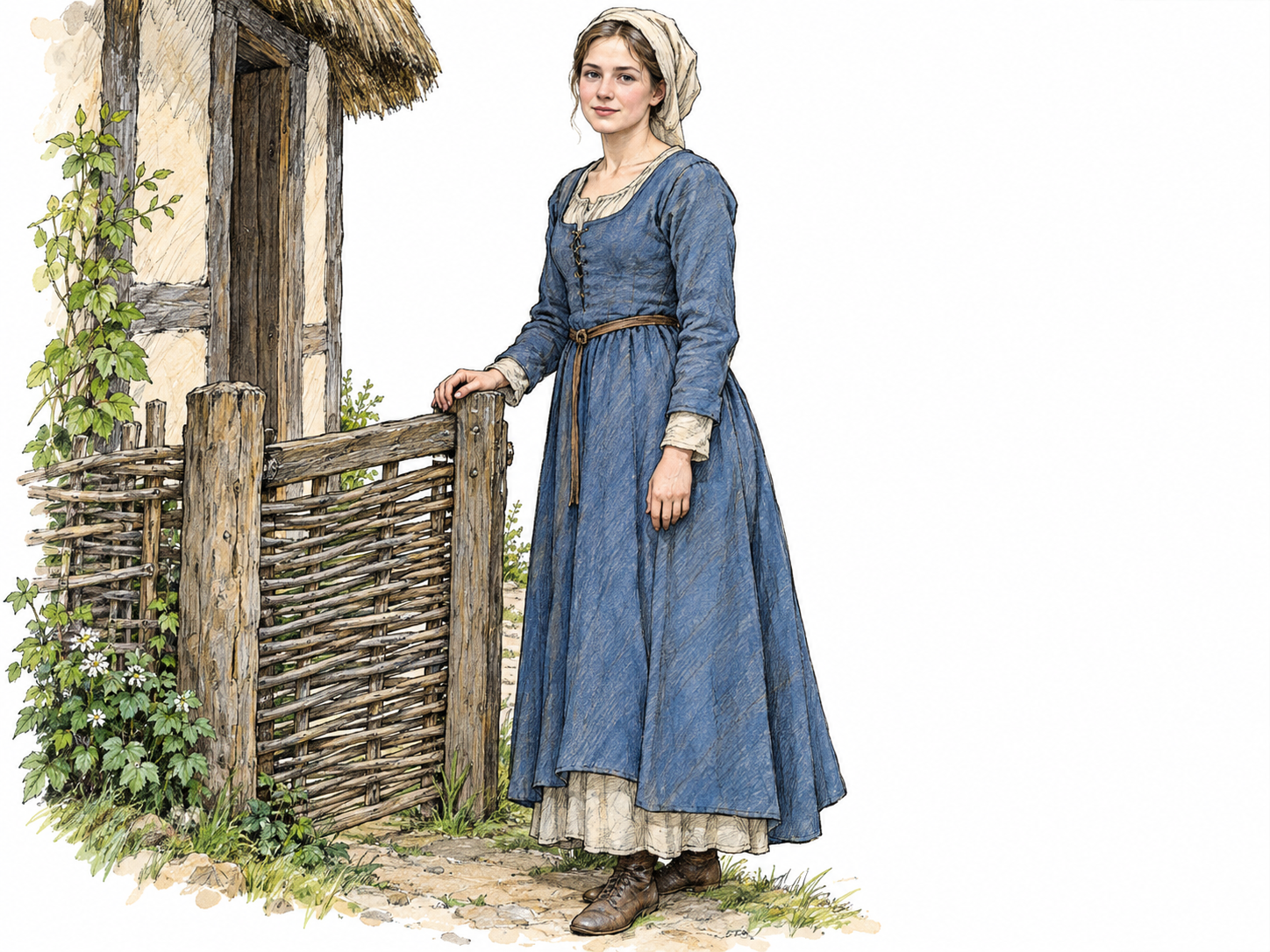 A young adult woman in a restrained late-medieval English village setting depicts the literal referent with recognizable old-fashioned context, without narrowing the meaning to a servant, tavern worker, or sexually characterized woman.