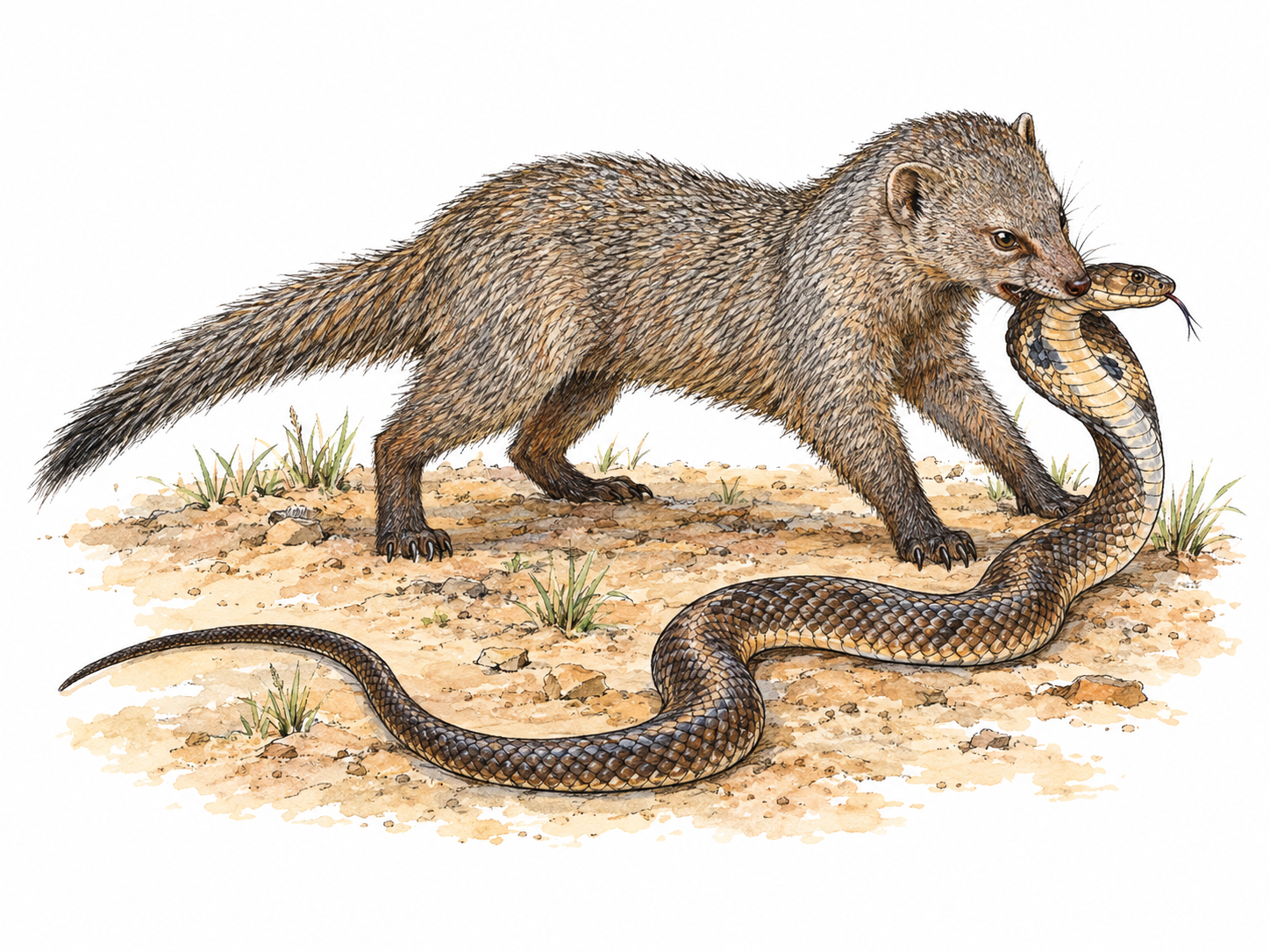 An Indian grey mongoose gripping a cobra just behind its head, with the mongoose’s distinctive long body, pointed muzzle, small rounded ears and thick tapering tail clearly visible.