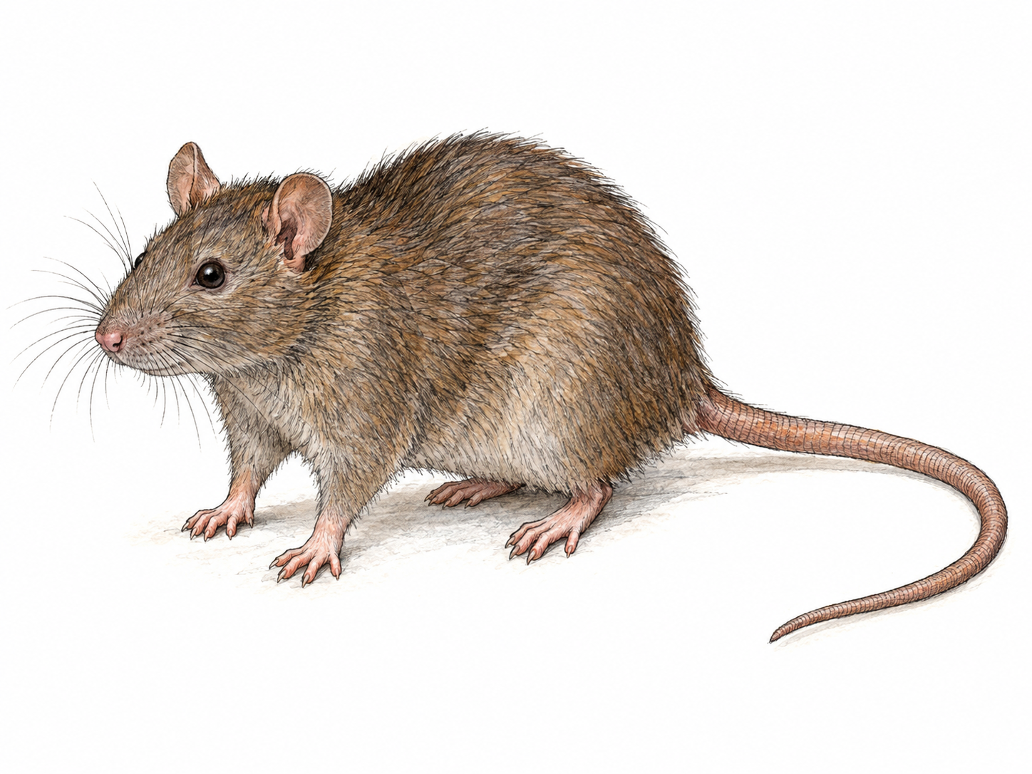 A single adult brown rat in three-quarter side view, showing its robust body, blunt muzzle, small rounded ears, and long, mostly hairless scaly tail fully visible beside it.