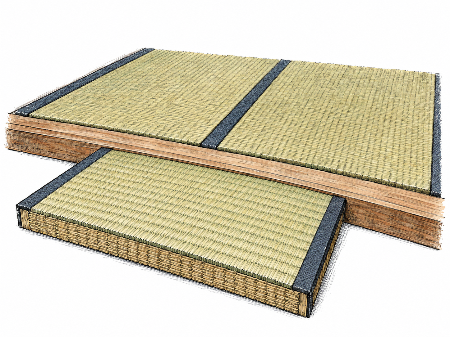 A close three-quarter view of traditional Japanese tatami flooring, with one mat slightly withdrawn at the near edge to reveal its thick compressed-straw core, finely woven surface, and dark cloth borders.