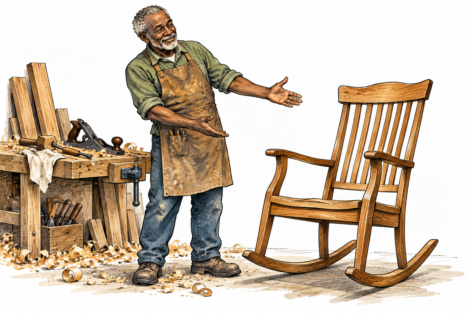 An older Black woodworker proudly shows a finely crafted completed rocking chair, tools and wood shavings show effort, no text.