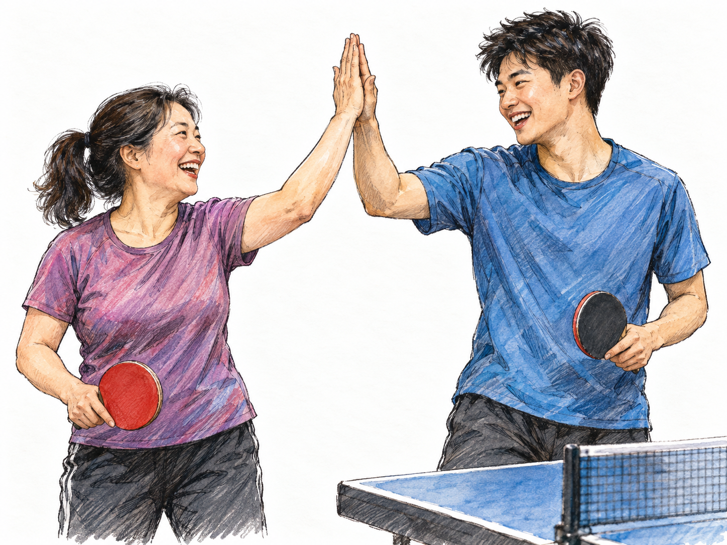 Two teammates share an animated, good-humored moment beside a table-tennis table, exchanging a celebratory high-five that conveys lively spirit and shared morale.