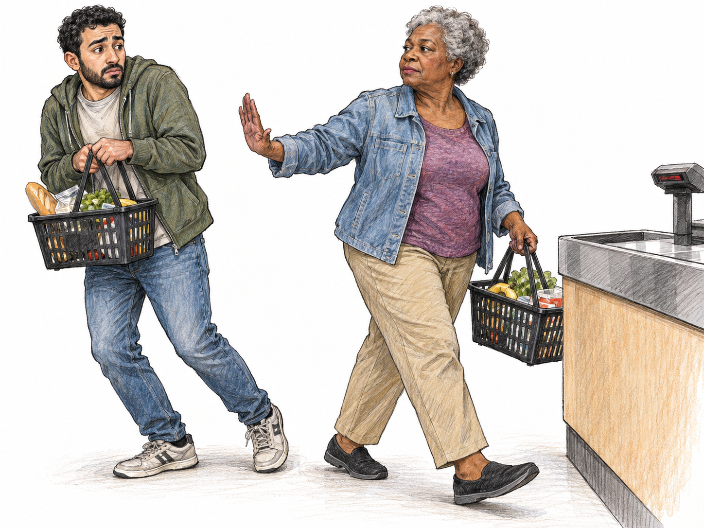 A timid adult visibly yields his place in a checkout line to an assertive stranger, shrinking aside instead of resisting.