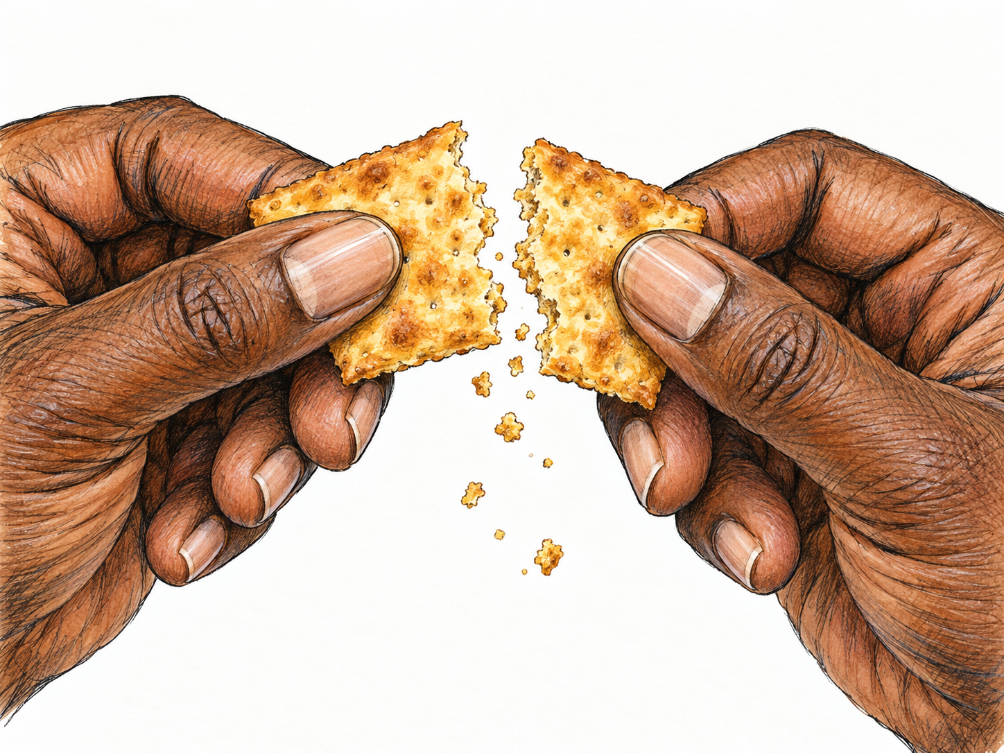 A thin golden cracker freshly snapped into two rigid pieces, with matching jagged fracture edges and a few dry crumbs falling between them.