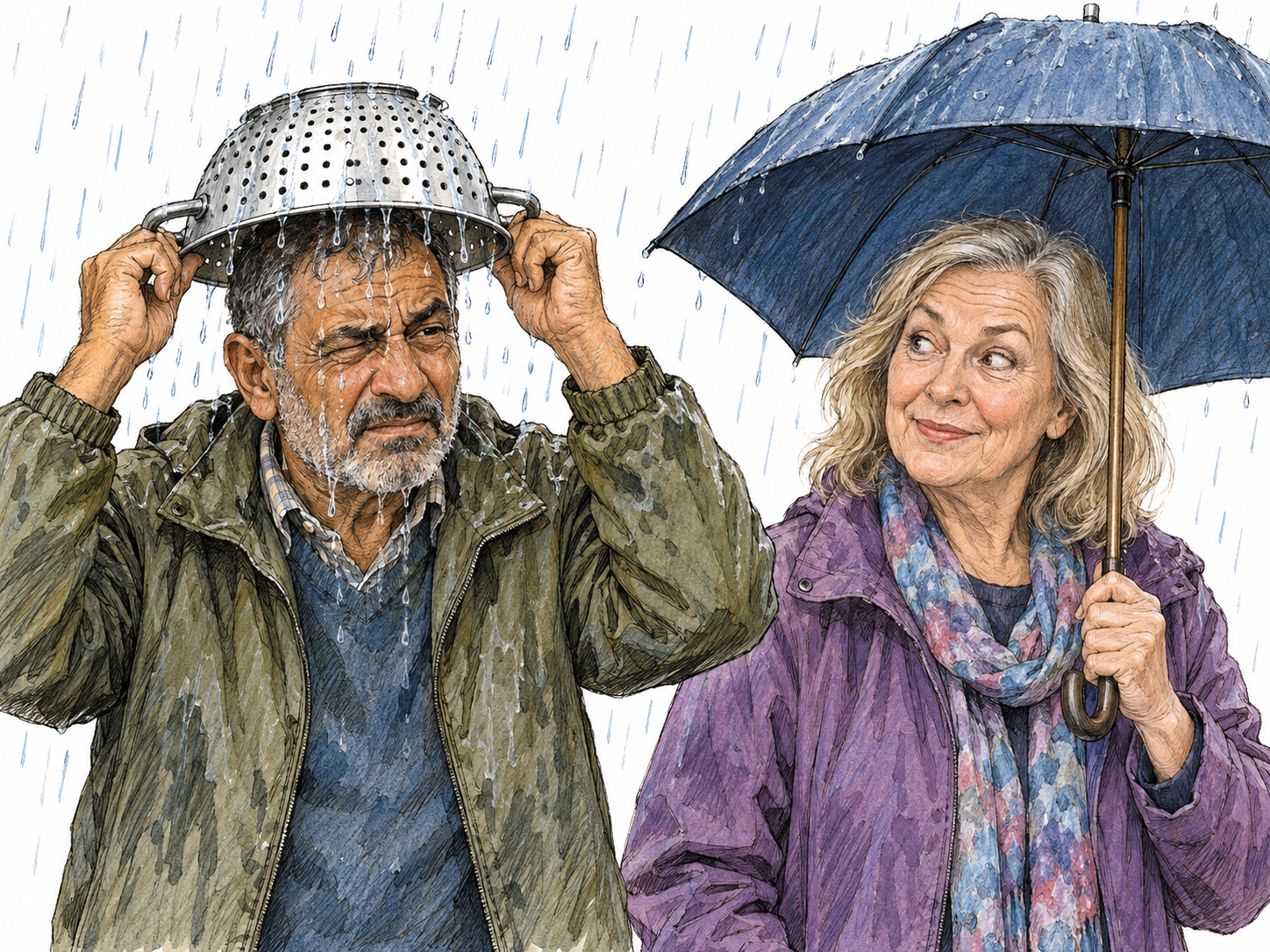 An older man uses an upside-down kitchen colander as a rain hat: rain streams through its holes onto his face while a nearby woman stays dry beneath an ordinary umbrella and looks at him in disbelief.