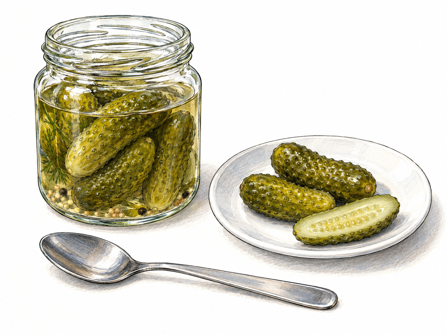 A small open glass jar of pickled gherkins beside two whole, short, bumpy cucumbers on a plain saucer; one lengthwise-cut half reveals the pale seeded interior.